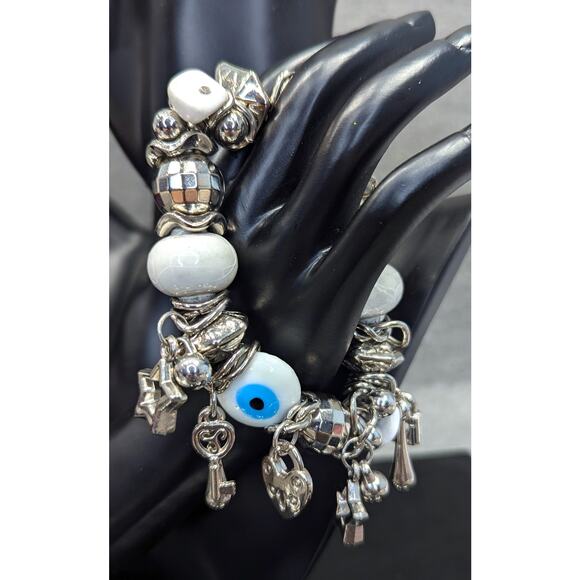Evil Eye Stretch Bracelet, Silver-tone, Lock/Key/Star Charms, Glass Eyes - Picture 1 of 4